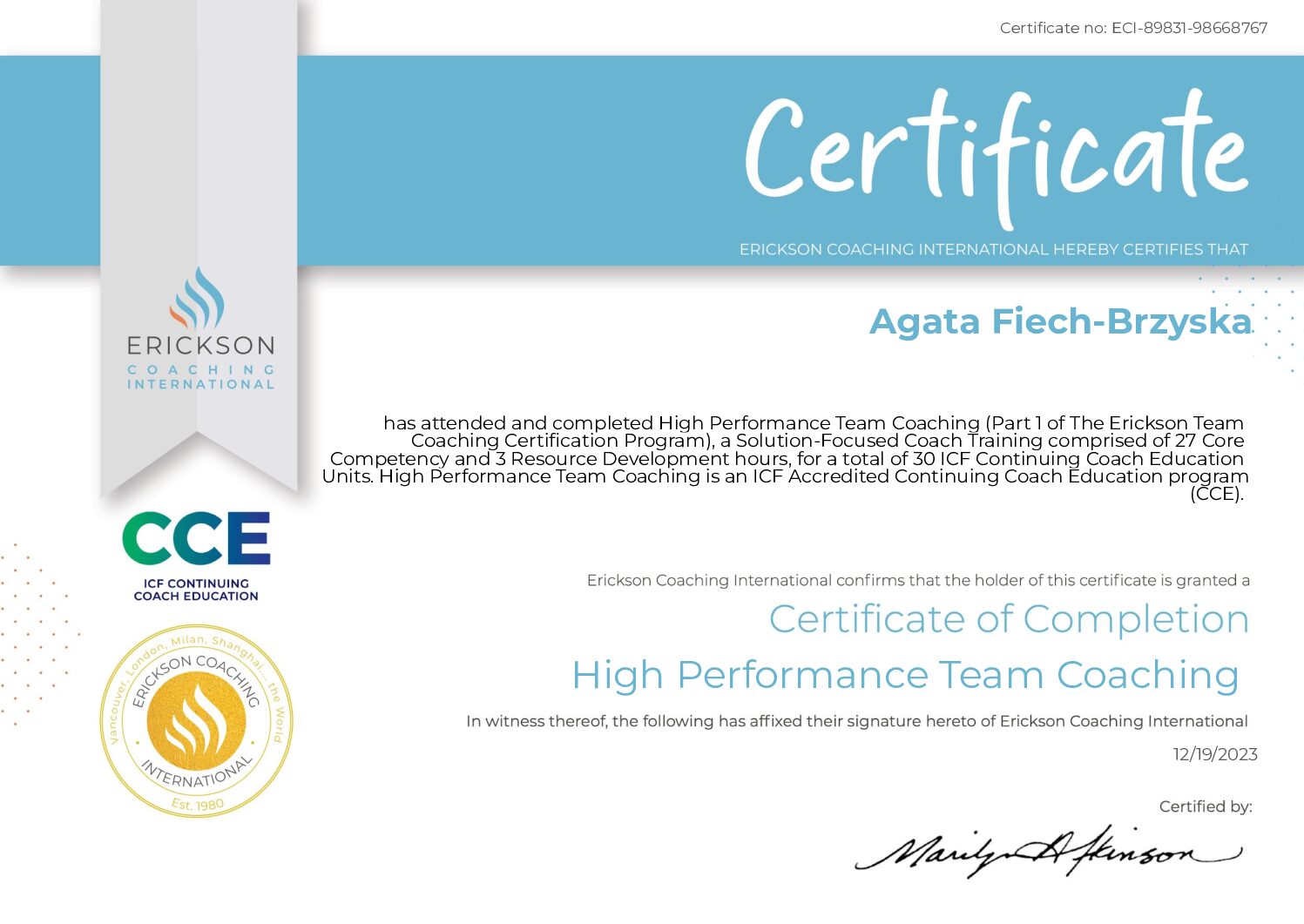 Agata Fiech-Brzyska HPTC Certificate of Completion