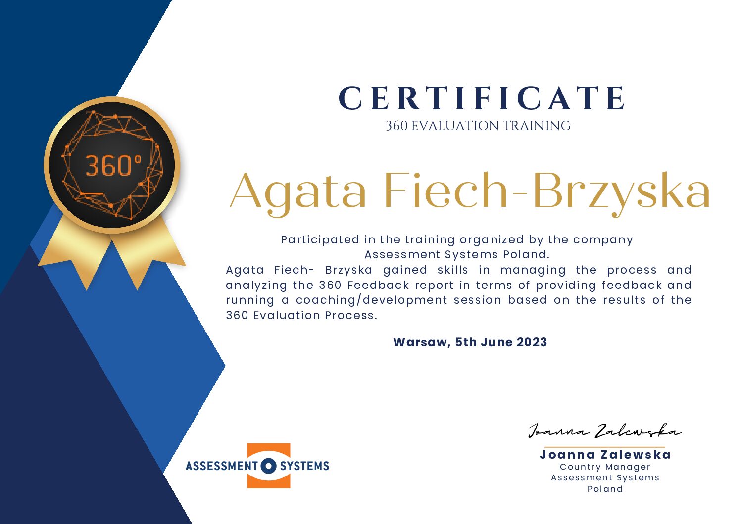 Agata Fiech-Brzyska certificate en